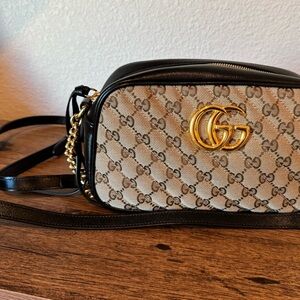 Gucci Beige and Black Crossbody with Gold Accents